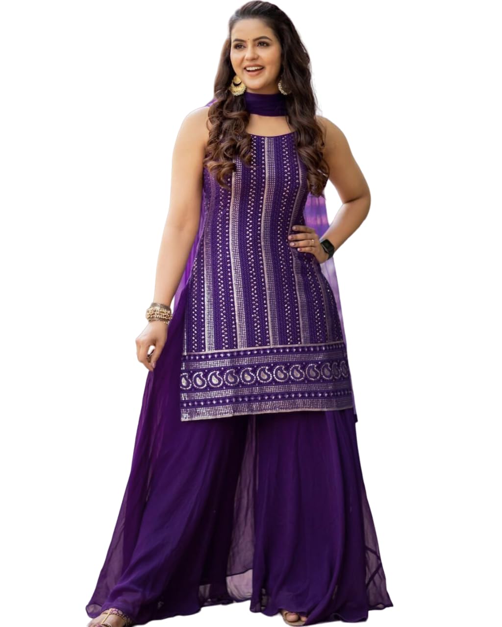 Xomantic Fashion Purple Color Embroidery Kurta Plazzo Set With Dupatta Kurta Set For Womens Wear (In, Alpha, Xl, Regular, Purple)