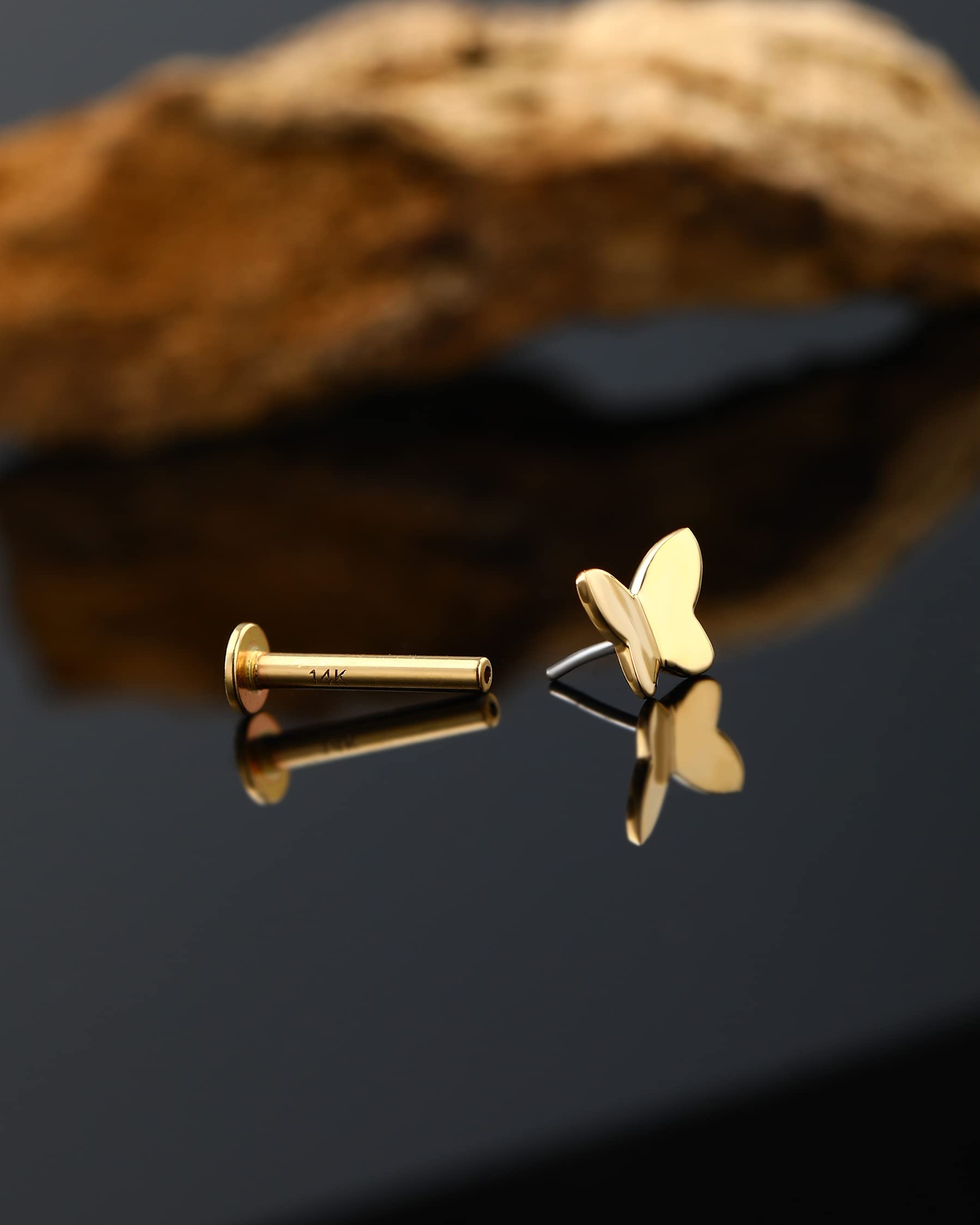 Jewseen 14K Solid Gold 16G Butterfly Nose Studs Threadless Flat Back Studs Helix Jewellery Cartilage Earrings Lip Labret Stud Tragus Stud Minimalist Earrings for Women Men