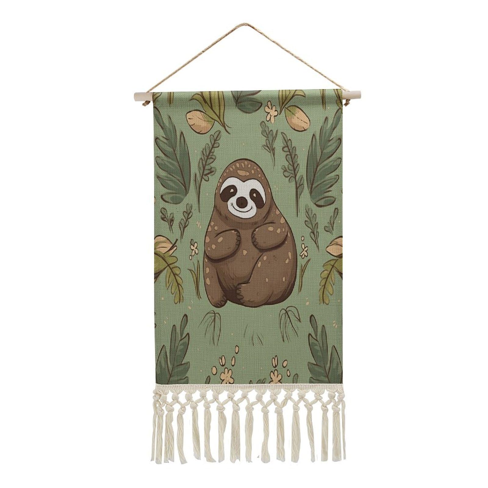 Adfgyerh Style Sloth On The Grass Tapestry With Tassels Cotton And Linen Hanging Posters, Wall Art For Travel Gift, Wall Tapestry For Office Home Decor Bedroom Living Room Decor