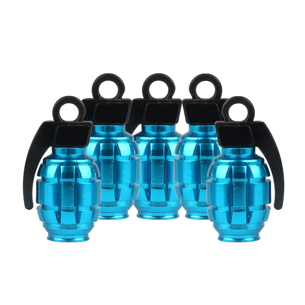 SENZEAL 5 Tappi Valvola Auto A Forma Di Granata In Alluminio E Plastica, Universali Per Auto, Moto, Camion, Colore Blu Cielo - 4