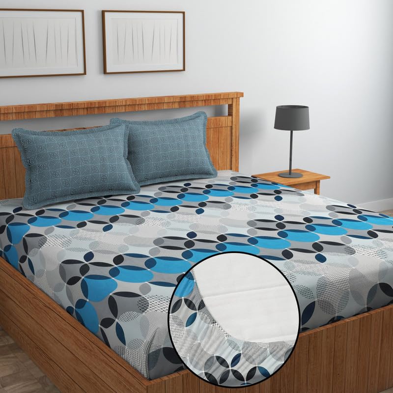 Image of NHD HOME Premium Microfiber All Round Elastic Fitted Bedsheets for Double Bed with 2 King Size Pillow Covers 220 TC Supersoft |Wrinkel Free Bed Cover Size - 72x78+8 inches | White Blue & Grey
