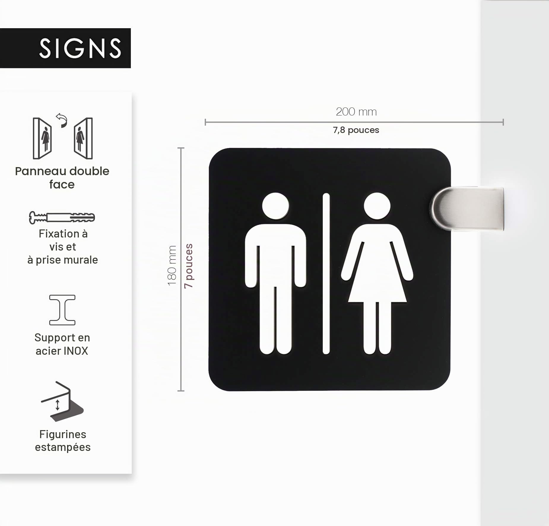 Signs - Enseigne drapeaux double face, en relief (toilettes hommes femmes, restroom, toilettes, salle de bain) Panneau de indication WC pour les couloirs et les espaces (Classic)