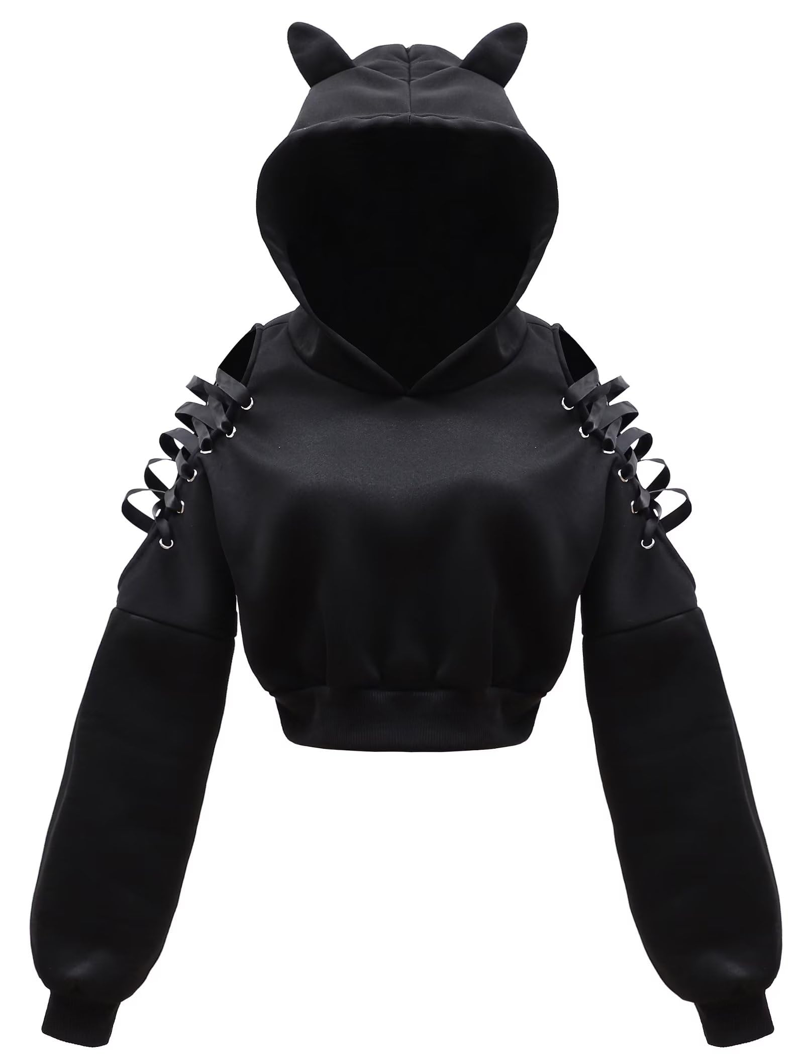 OutofgasWomen's Cat Ear Hoodie Long Sleeve Lace Up Pullover Cute Off Shoulder Hoodie Sweatshirt Crop Top