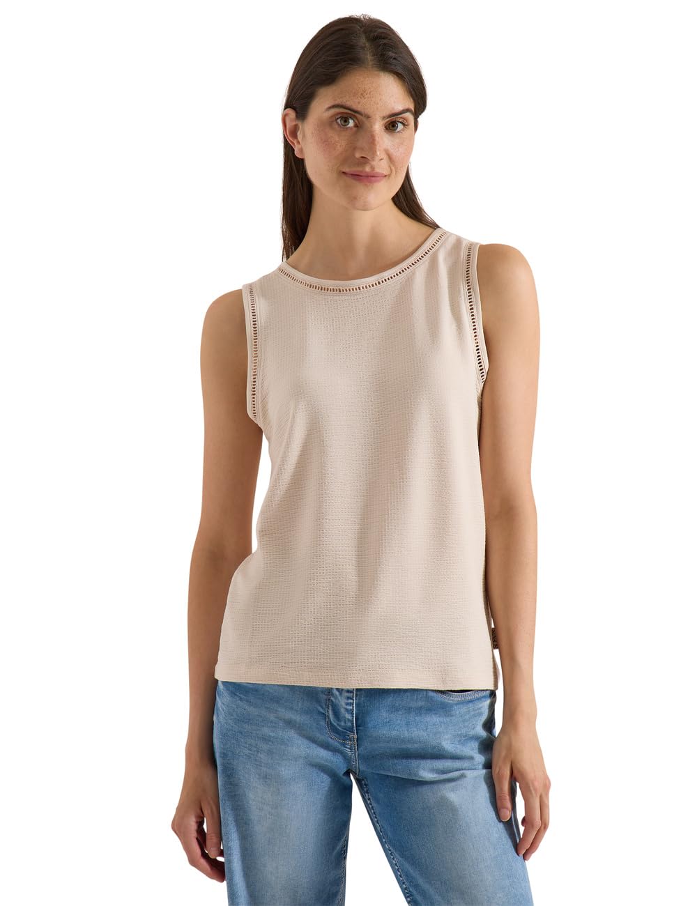 Cecil Boat Neck Lace Detail Top, Pearl Beige, L