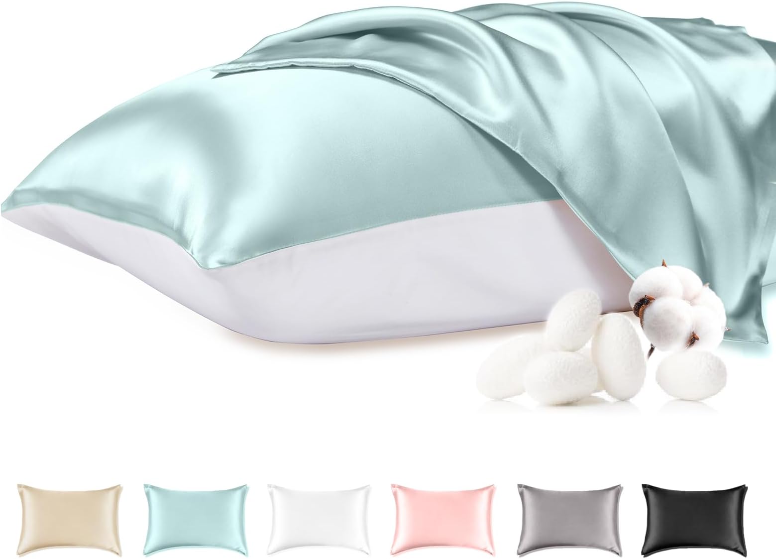 THXSILK 100% Mulberry Silk Pillowcase with Cotton Underside, Silk Pillowcase for Hair and Skin, Standard Size Grade 6A+ Silk, Soft Breathable Pillow Cover with Zipper, 1 Pack (Light Blue,Standard)