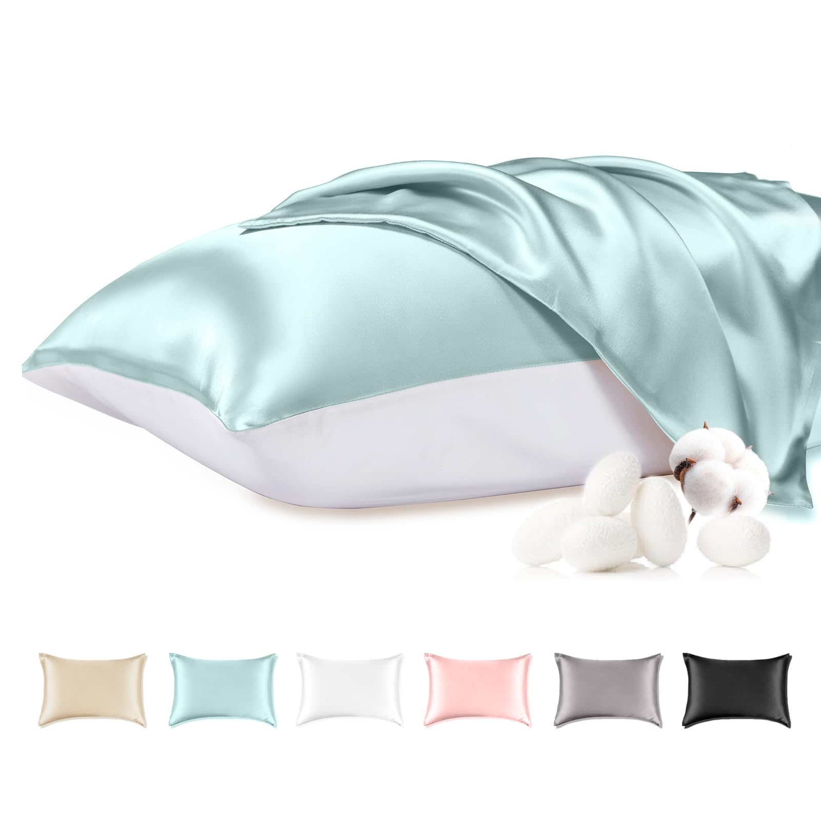 100% Mulberry Silk Pillowcase with Cotton Underside, Silk Pillowcase for Hair and Skin, Standard Size Grade 6A+ Silk, Soft Breathable Pillow Cover with Zipper, 1 Pack (Light Blue,Standard)