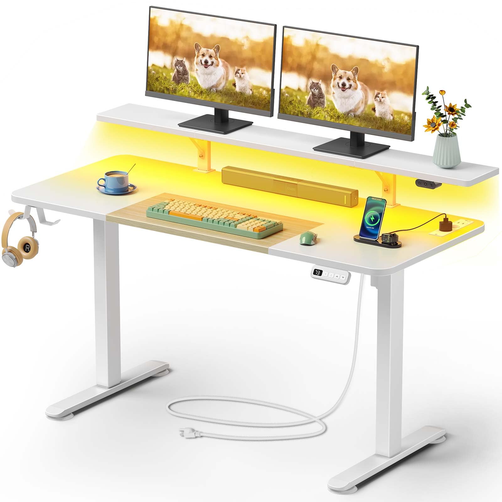 Rolanstar Escritorio Regulable en Altura, Escritorio 140x60 cm Regulable en Altura con LED y Enchufes, Escritorio Ergonómico Gaming para Oficina en Casa, Oficina, Blanco