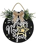 LERJIMUX Happy New Year Door Sign Home Decor Round Wood Wreaths Wall Hanging Sign Farmhouse Porch Sign Front Door Decoration for Housewarming Gift All Seasons Holiday,12In