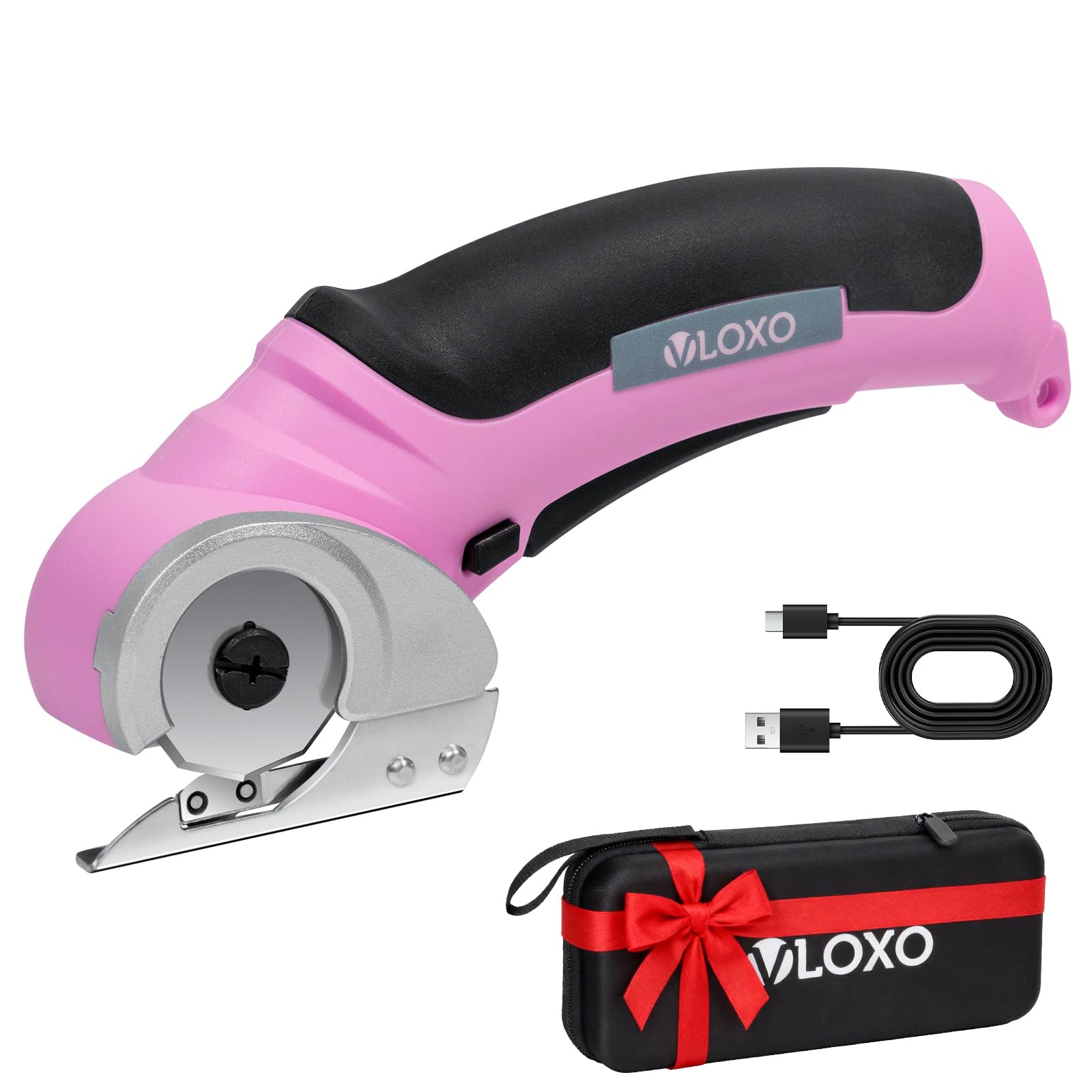 VLOXO Cordless Electric Scissors, Cardboard Cutter with Safety Lock 4.2V Electric Mini Cutter Power Rotary Scissors for Leather Felt Rug Box with Storage Box Pink