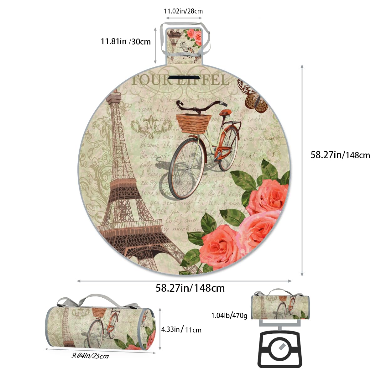Shimoshe Postcard of France Paris Picnic Outdoor Blanket Foldable Waterproof Sandproof Beach Blanket Portable Water-Resistant Round Picnic Mat for Travel Camping Park Lawn
