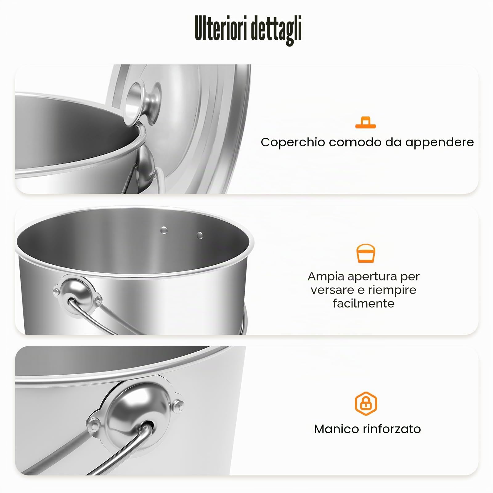 Secchi in acciaio inox con coperchio, 6/12/20 l, per alimenti, secchi da cucina, per latte, per cereali, contenitori per riso, farina e cereali (20L)