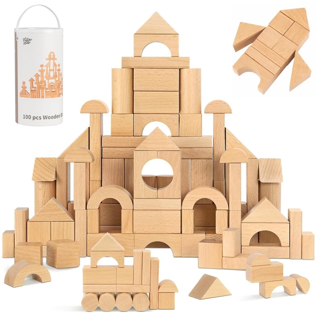 Pidoko Kids 100pcs Natural Beech Wood Building Blocks - stacking blocks | Mubboo