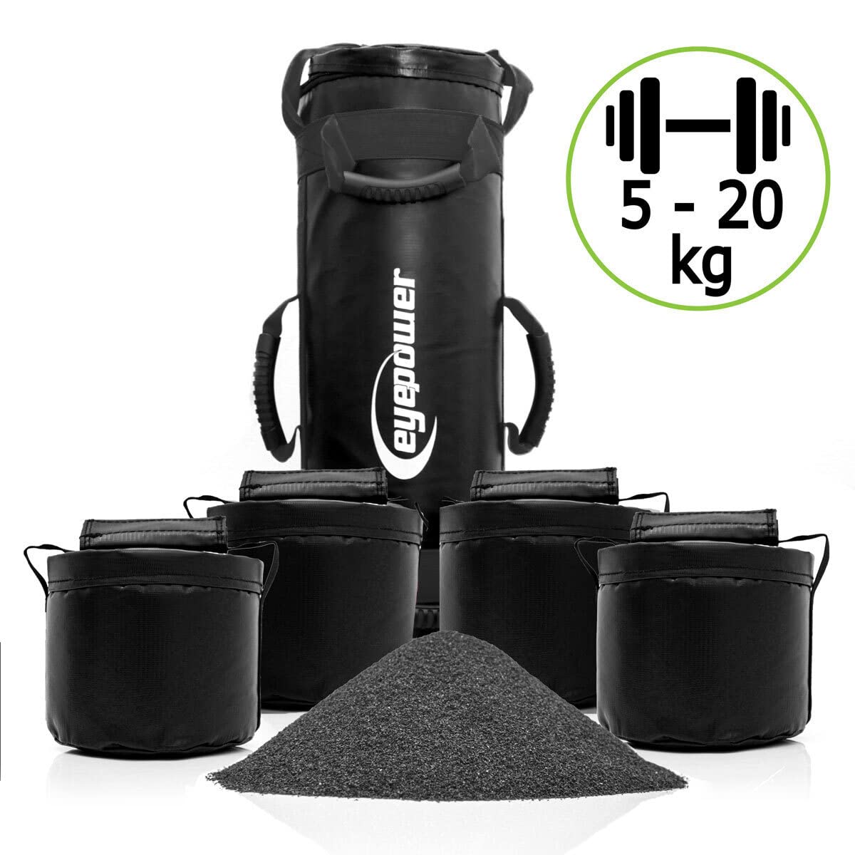 eyepower 20kg Profi Power Bag + 4 Wasserdichte Kettlebell Gewichte mit Eisensand - Besser als Geräte: 6 Griffe Fitness Sandbag für Zuhause - 20x60 Home Training Gewichtssack - Bauch- und Rückentrainer