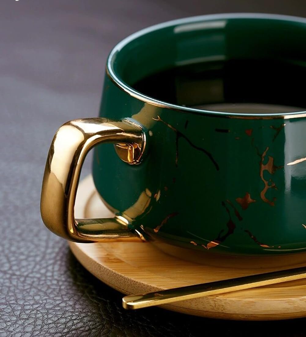 Set di Tazze da tè e caffè in Porcellana per Il pomeriggio - Motivo in Marmo (Verde, Corto 300 ml + piattino)