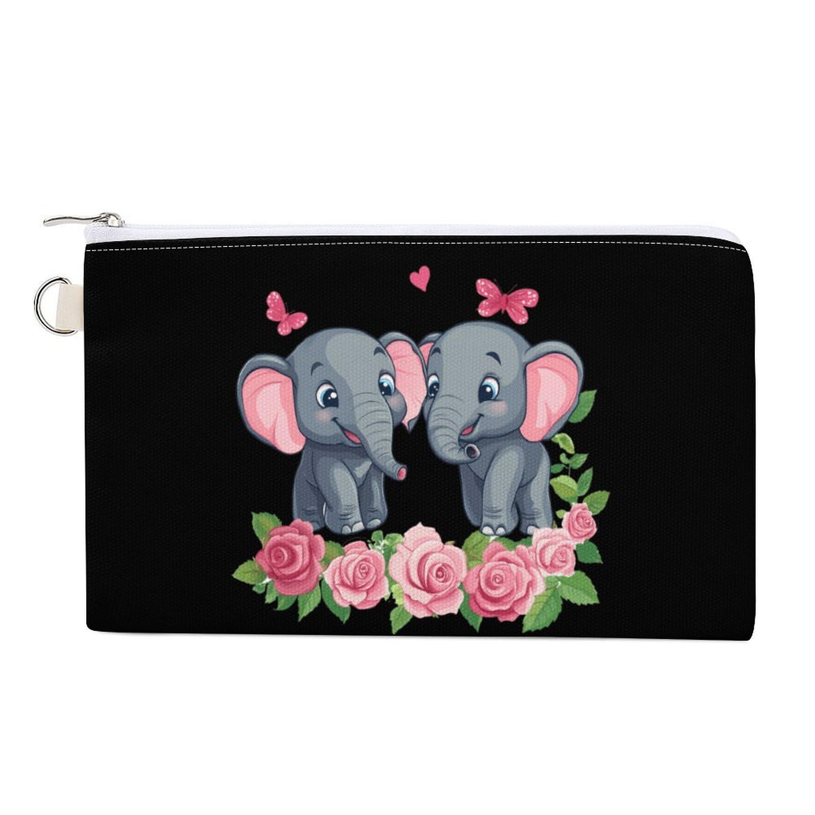 Elephant Coin Purse Canvas Change Pouch Portable Pocket Wallet Mini Storage Bag with Zippered Keychain