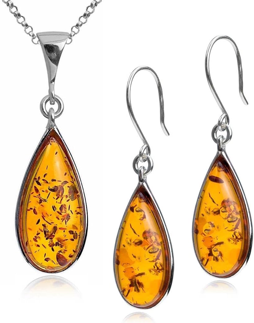 Ian and Valeri Co. Amber Sterling Silver Jewelry Set Earrings Pendant Necklace 18 Inches