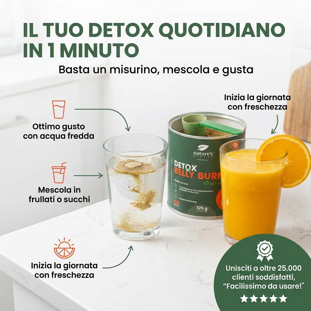 Nature’s Finest Detox Belly Burn - Integratore Detox in Polvere con Cardo Mariano, Carciofo, Clorella e Opuntia (Nopal) - Formula Vegetale, Vegana, Senza Glutine - 125 g