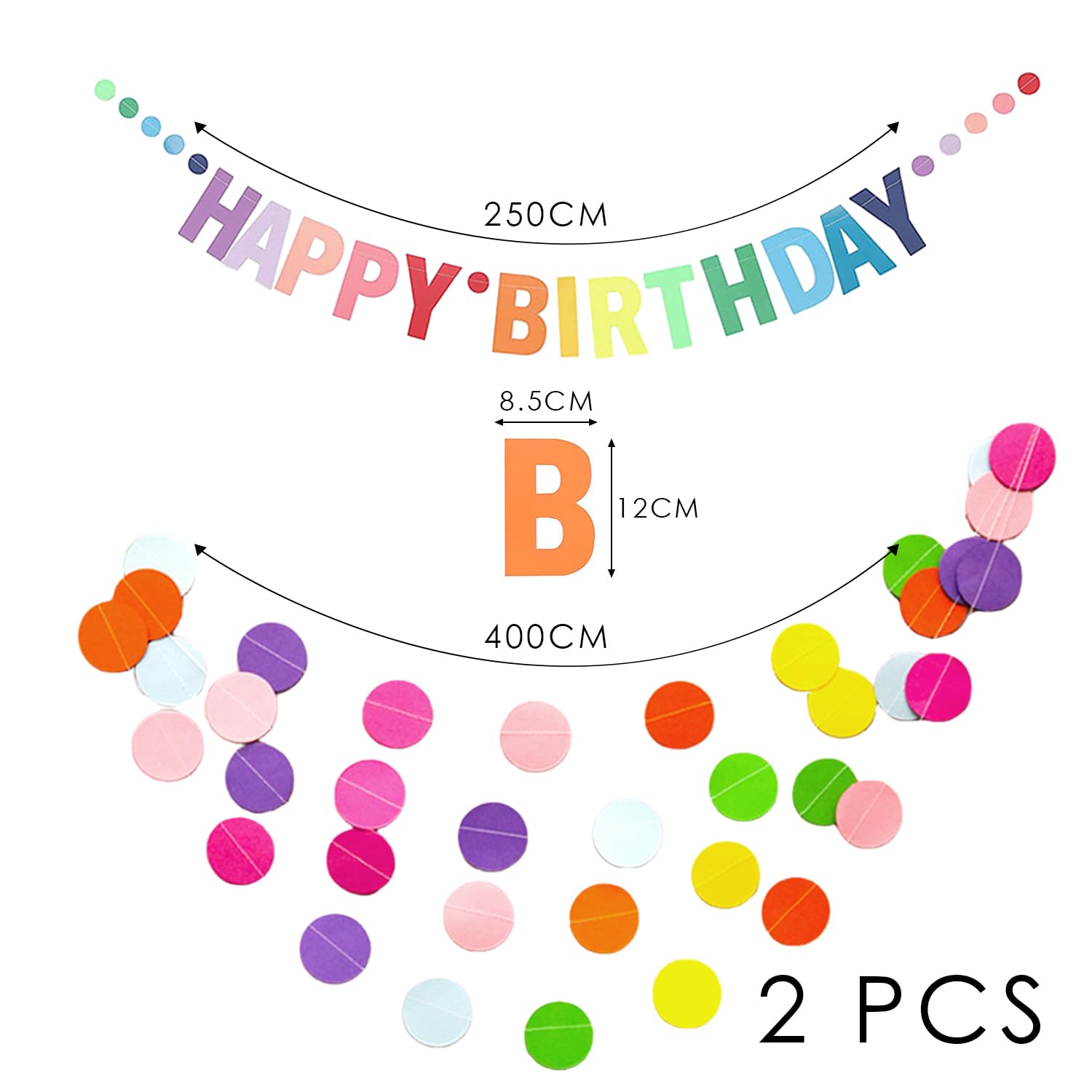Rainbow Happy Birthday Banner & Paper Fan Garland - 10ft Prestrung, Reusable Party Decor