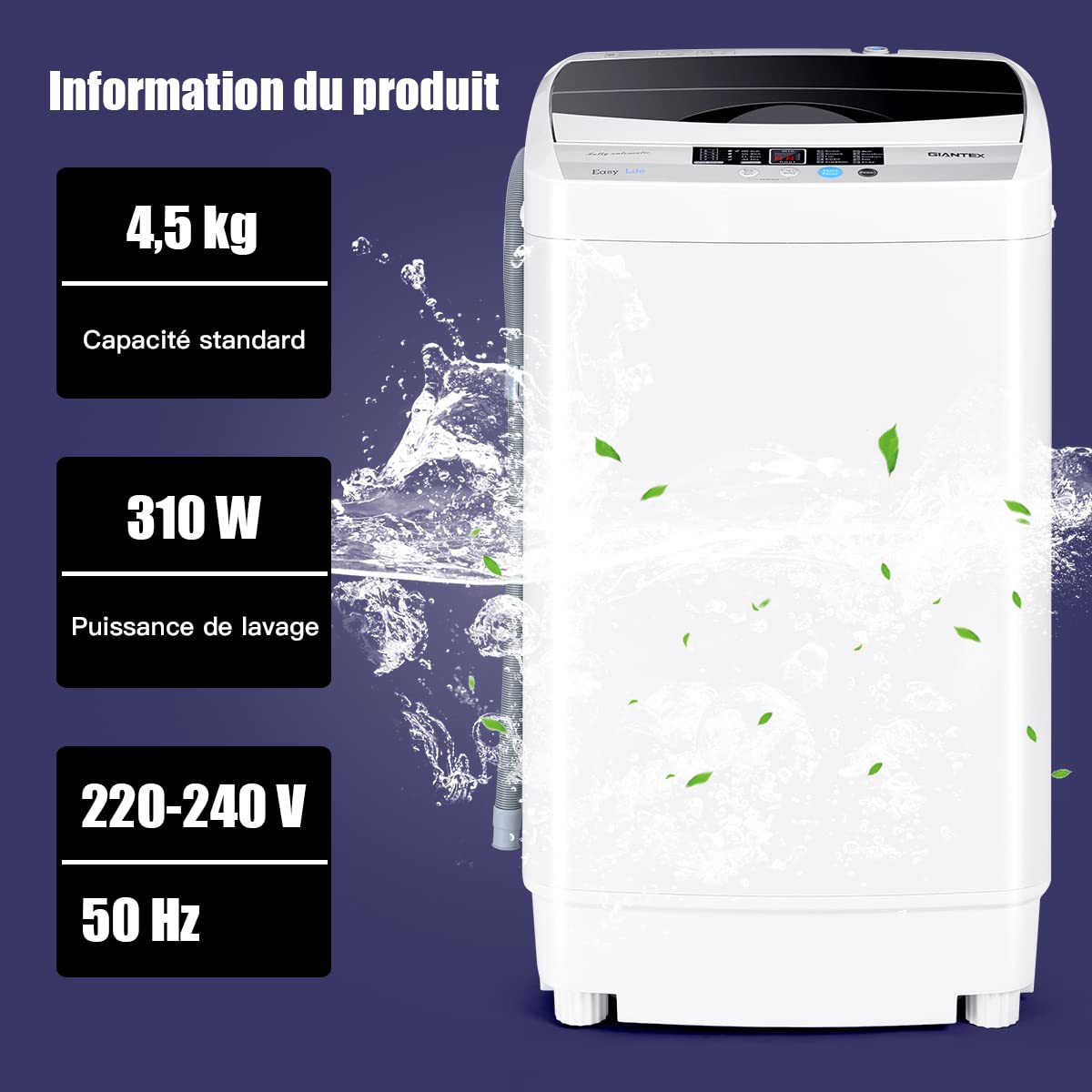 GOPLUS Machine a Laver Portable Automatique 4,5 KG avec Pompe, Charge 310W, Mini Lave Linge avec Essorage, 10 Programmes, Séchage à l’Air, Écran de Commande LED, 50x50x85 CM, Blanc, pour Appartement
