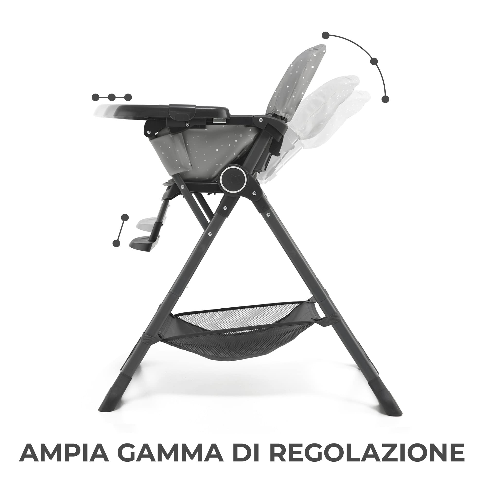 Kinderkraft FOLDEE Seggiolone Pappa, Portatile, Sedia bambini da tavolo, Pieghevole in dimensioni compatte, Schienale e poggiapiedi regolabile, con Vassoio e Cestello, Facile da pulire, Grigio