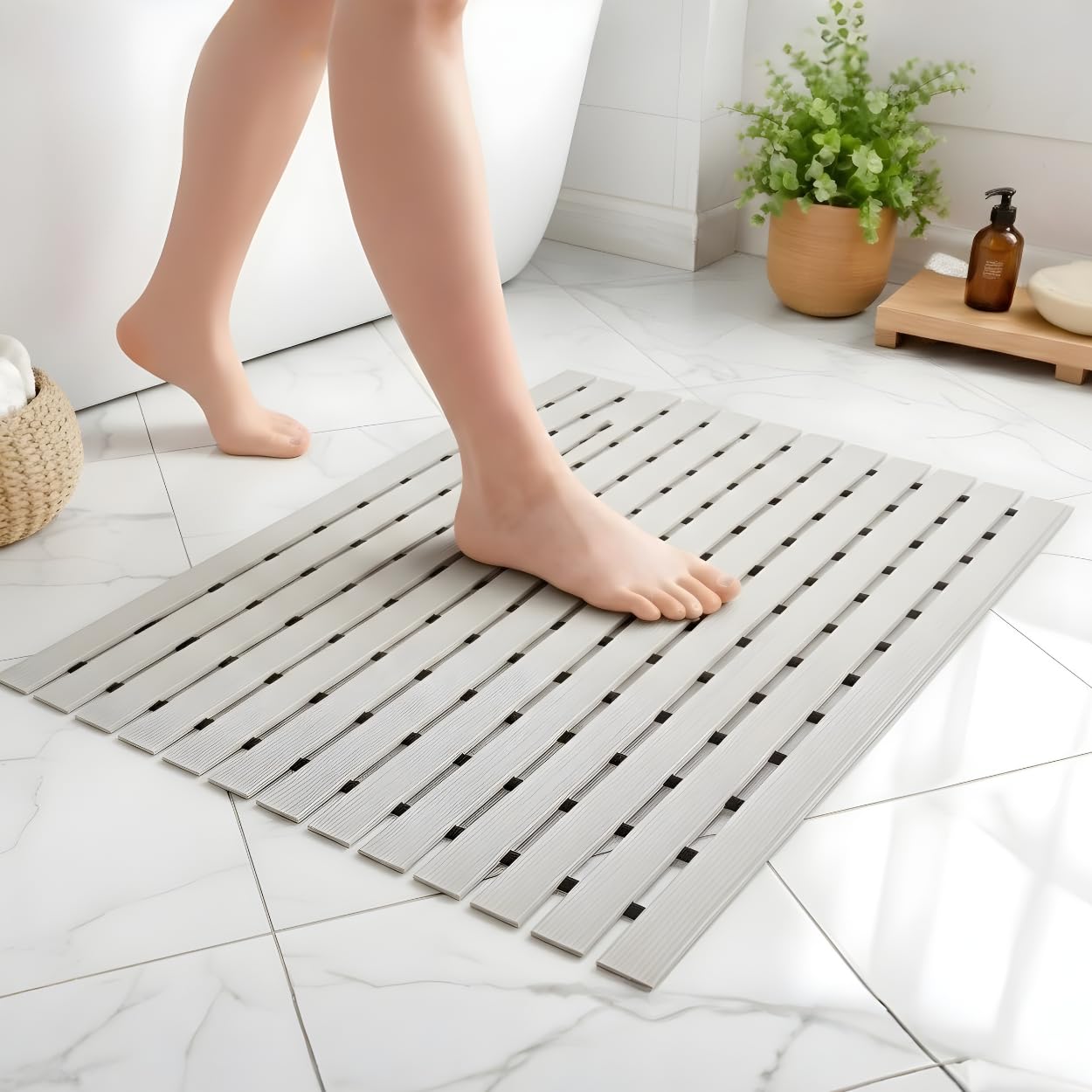 Eurotex Rectangular Shower Mat Non Slip for Bathroom, Anti Skid Bathtub Mat (Plastic Stripped- Rubber Base, 46cm x 61cm)- Grey