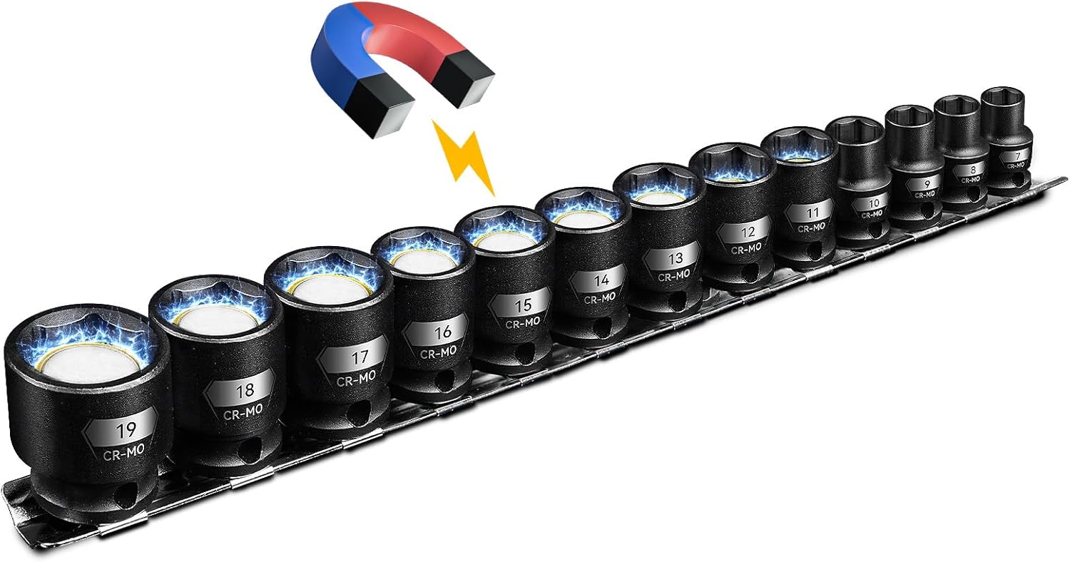BLACKROBOT 3/8" Drive Magnetic Impact Socket Set, 13-Piece Shallow Socket Set with Storage Rail, Metric Size 7mm-19mm, 6 Point Magnetic Sockets, Cr-Mo Steel