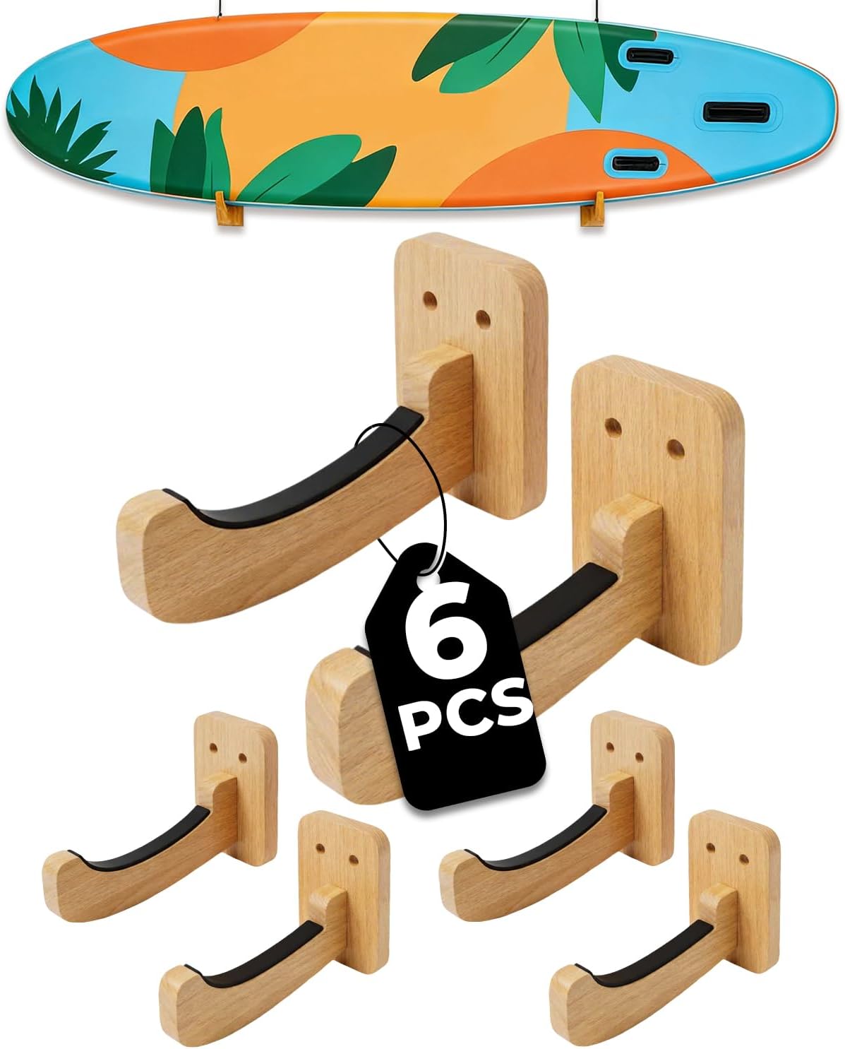 6Pcs Surfboard Wall Mount, Surfboard Wall Hangers Wall Mount Hanger for Shortboard, Longboard, Skimboard, Snowboard, Paddleboard & Wakeboard - Indoor OutdoorBoard Storage & Display