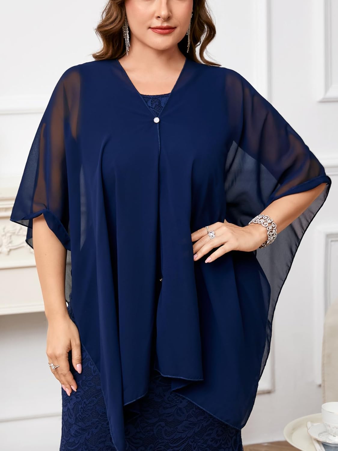 ZOMVA Plus Size 0X-4X Mother of The Bride Groom Lace Dress with Chiffon Cape Overlay Long Mermaid Dress Formal Wedding Guest - Image 4