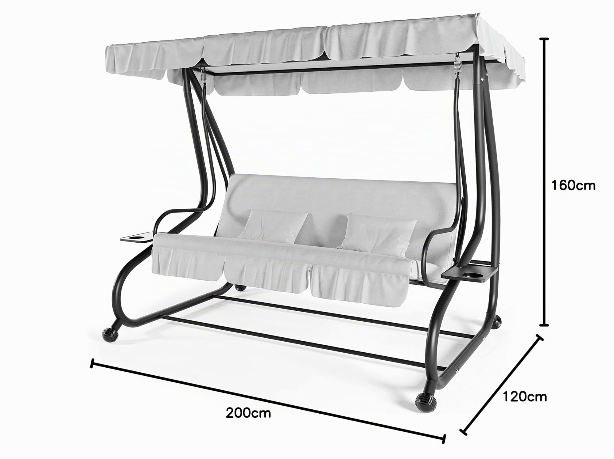 Dondolo 3 Posti Reclinabile Madeira Tettuccio Parasole Regolabile Cuscini Imbottiti Diventa Letto Struttura Robusta In Acciaio Verniciato Giardino Esterno Balcone Terrazzo 200 x 120 x 160 cm (Grigio)