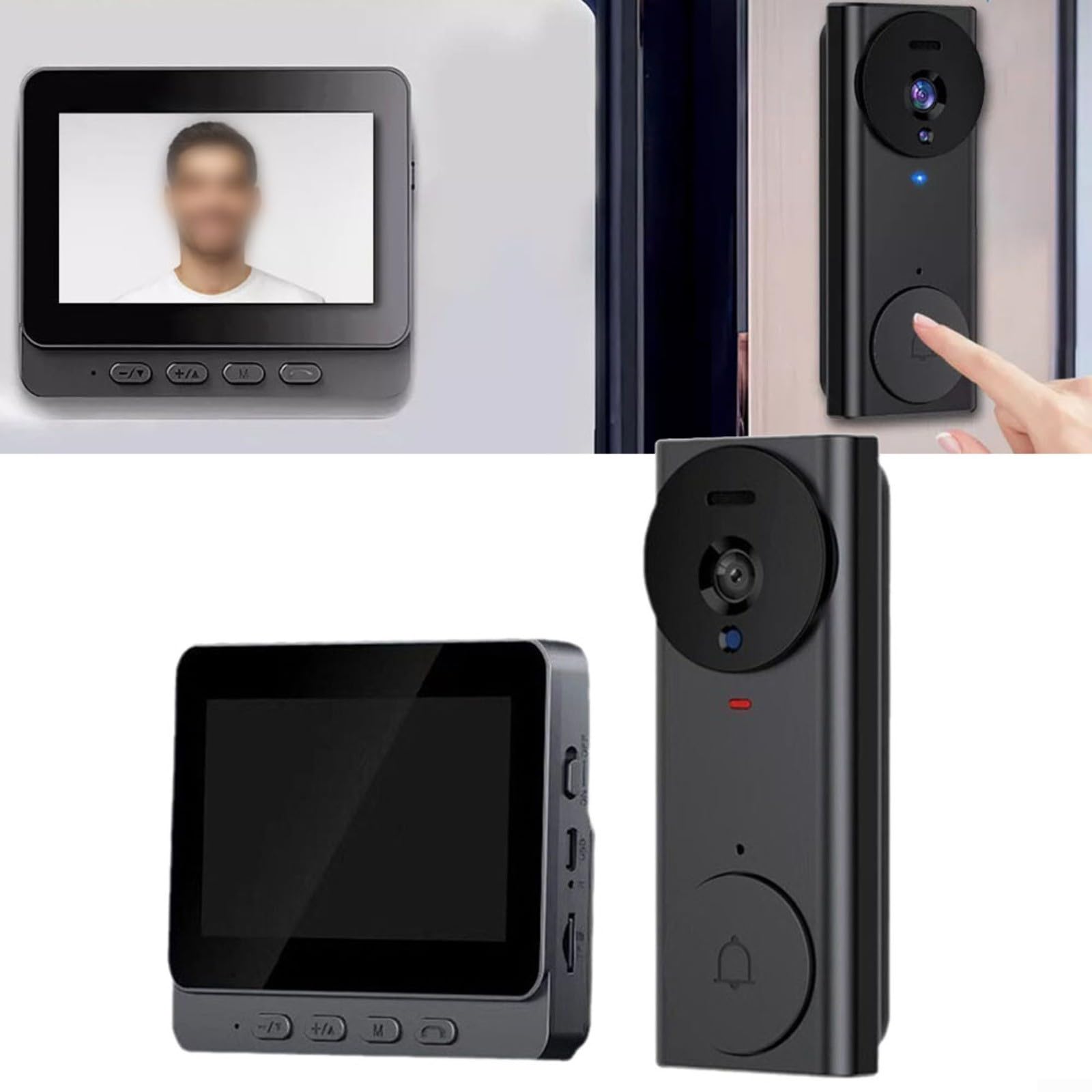 Intercomunicador inalámbrico con video timbre con pantalla de 4.3 pulgadas, conexión 2.4G, audio bidireccional, cámara de visión gran angular de 130°, batería recargable de 1500mAh, monitor interior