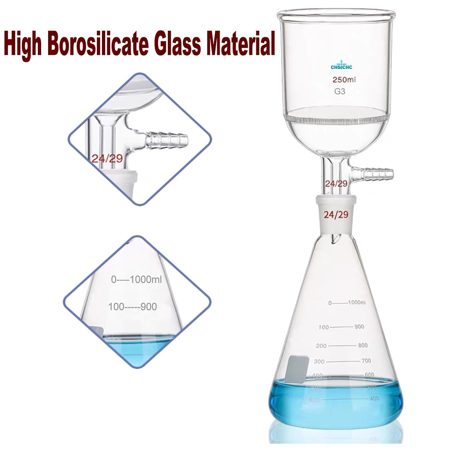 1L Borosilicate Glass Funnel Filtering Kit with 250ml Funnel Borosilicateand 1L Filter Bottle
