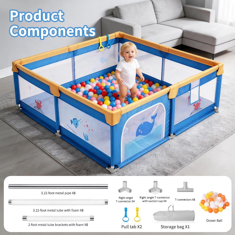 Baby Playpen for Toddlers: 6.56x6.56 ft Kid-Safe Enclosed Play Yard | Non-Slip Base, Breathable Mesh - Easy-Portable for Indoor & Outdoor Baby Play Spaces - Blue