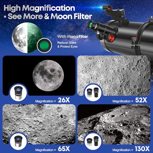 Image of MEEZAA Telescope, 150EQ Newtonian Reflector Telescope for Adults Astronomy Beginners, Professional Astronomical Telescopes with Equatorial Mount, Phone Adapter, Tripod, Moon Filter and Large Carry Bag