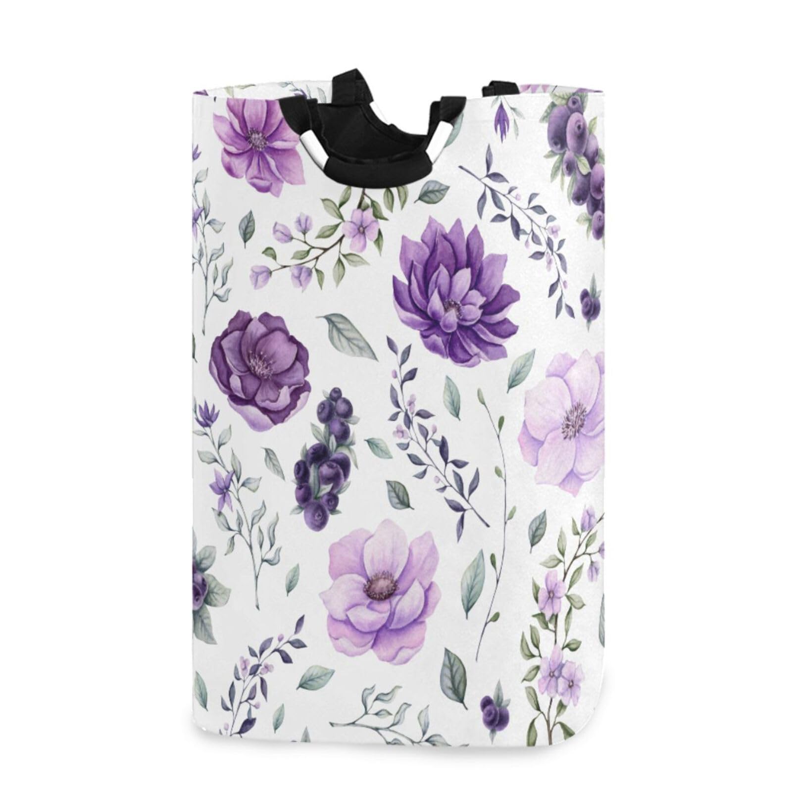 CaTaKu Floral Watercolor Purple Baby Laundry Baskets Collapsible, Large Tall Clothes Hampers for Kids Laundry Room Organizer Foldable Storage Bins with Handles