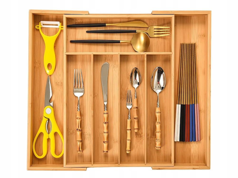 Organizer in BAMBU' Cassetti Posate, 7 Scomparti, Estensibile Fino a 39x37 Cm, Organizzatore Vassoio Cassetto Espandibile Utensili, Posate Utensili Ordine in Cucina, Coltelli Forchette Cucchiai,