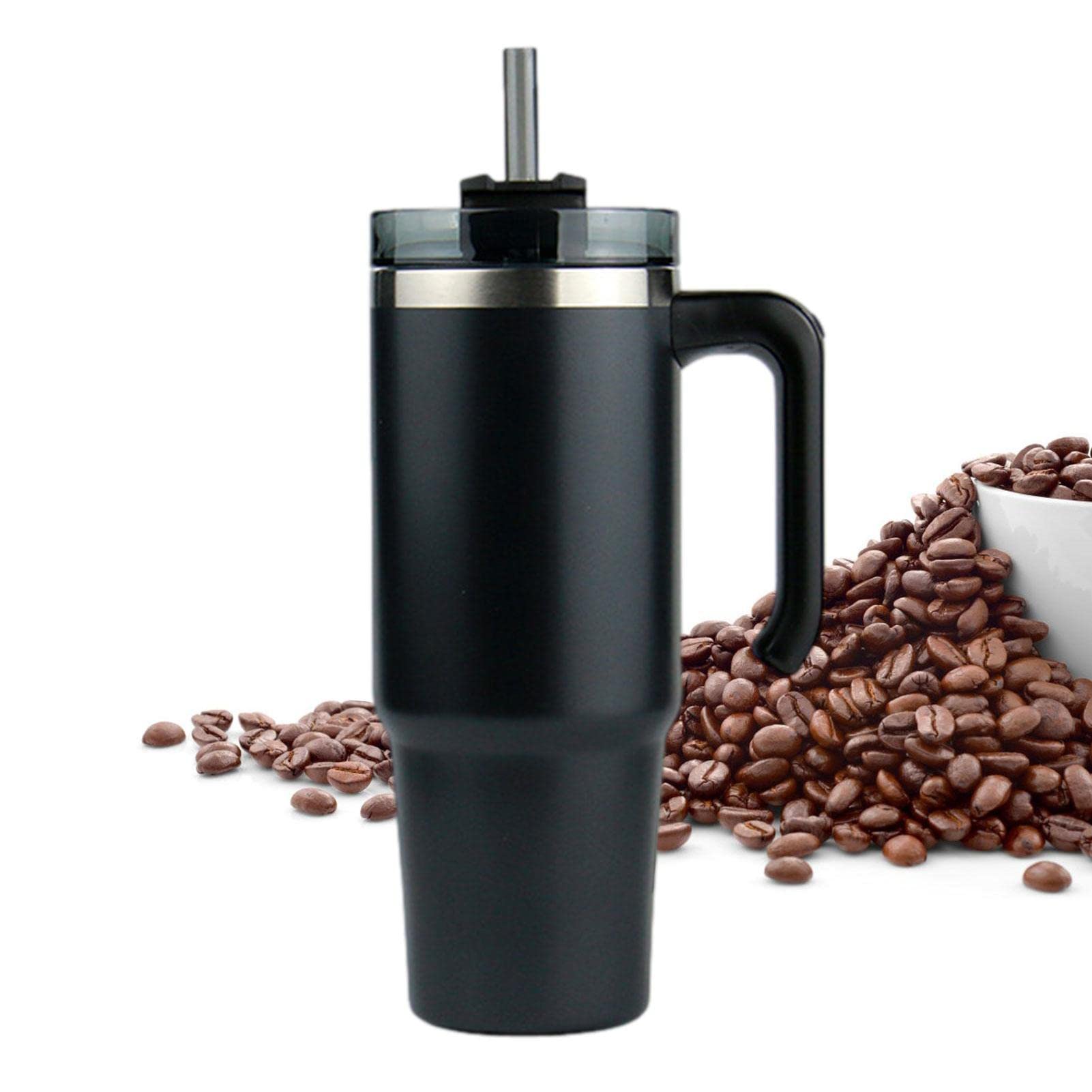 Tazza da viaggio in acciaio inox, con coperchio e cannuccia a