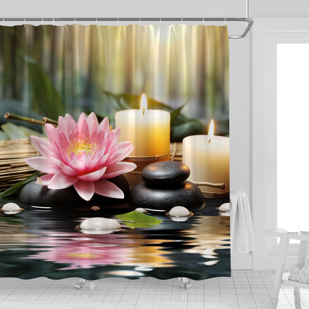 UOZXOML Lotus Shower Curtain Zen Black Stones Water Lily Candle Asian Japanese Garden Relaxing Spa Nature Plant Fabric Bathroom Decor Curtains with