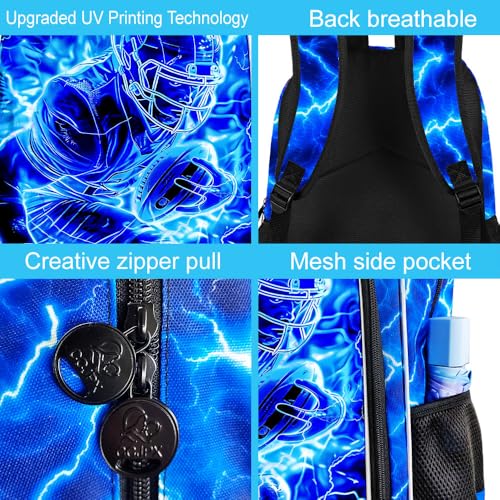 Image of 3Pcs Football Backpack for Boy, 17 inch Lightning Bookbag for Elementary Preschool Kindergarten, Kids School Backpacks with Lunch Box (Blue)