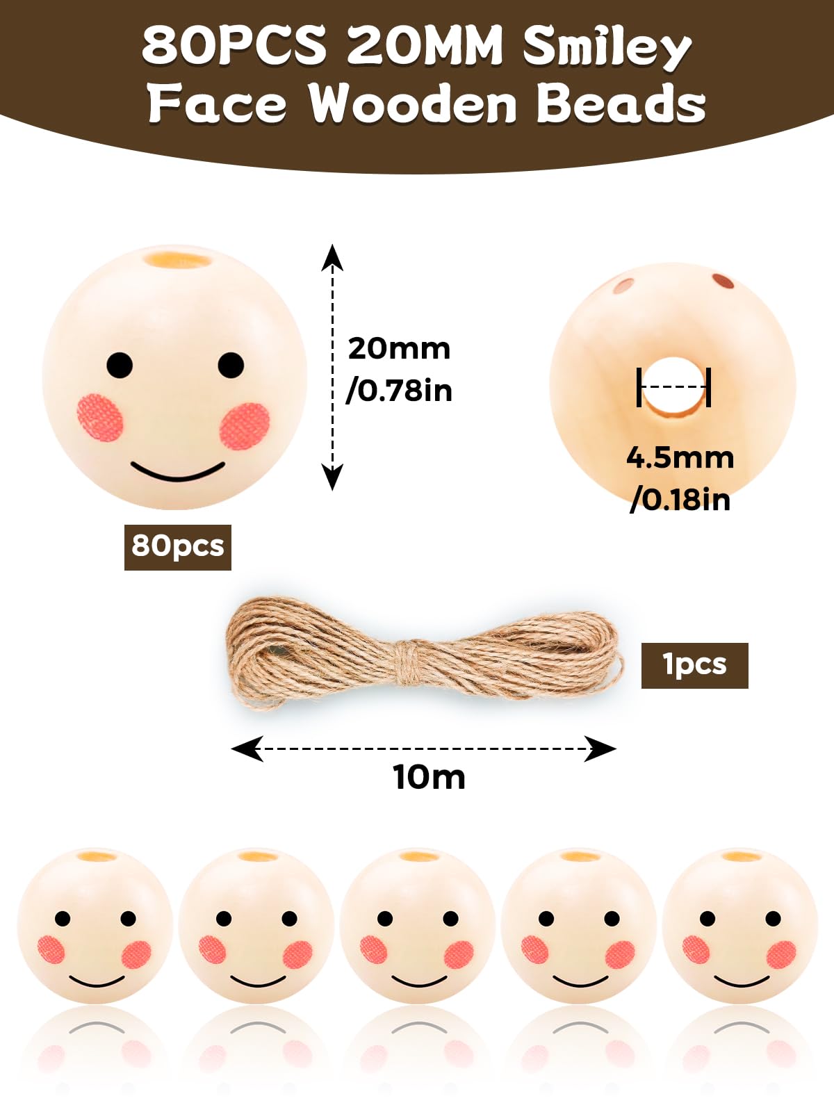 Furuising 80PCS Smile Wooden Beads, 20MM Natural Wooden Beads for Crafting with 4.5mm Hole - Image 2