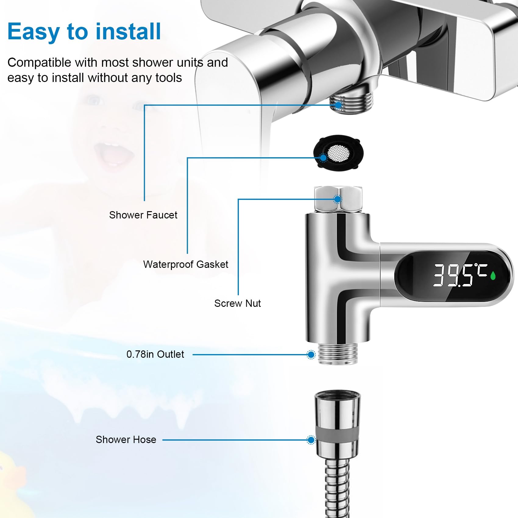Baby Badethermometer Wasserthermometer, LED-Anzeige Duschthermometer, Wasserdurchfluss Selbstgenerierender Duschtemperaturmesser für die Babypflege