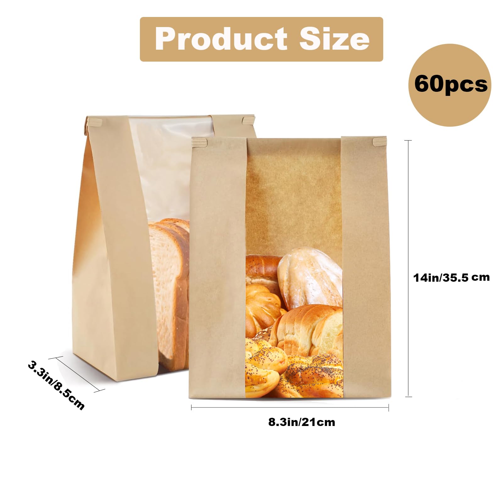 Paquete de 60 bolsas de papel para pan casero, bolsas de pan de masa madre con tira de estaño, bolsas grandes de panadería con ventana