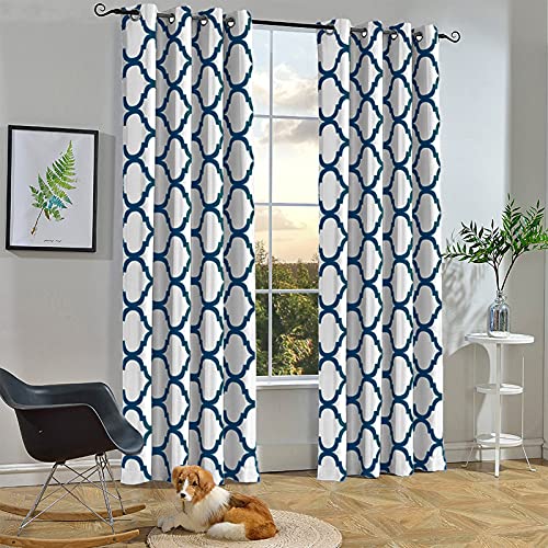 Melodieux Moroccan Fashion Thermal Insulated Grommet Room Darkening Curtains for Living Room, 52 by 84 Inch, Off White/Navy (1 Panel)