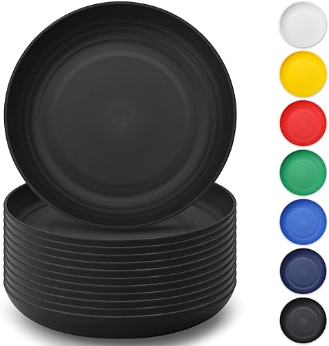 Berglander Juego de 12 platos de plástico negro de 9 pulgadas, reutilizables y resistentes, irrompibles, platos para ensalada, cuencos para pasta,