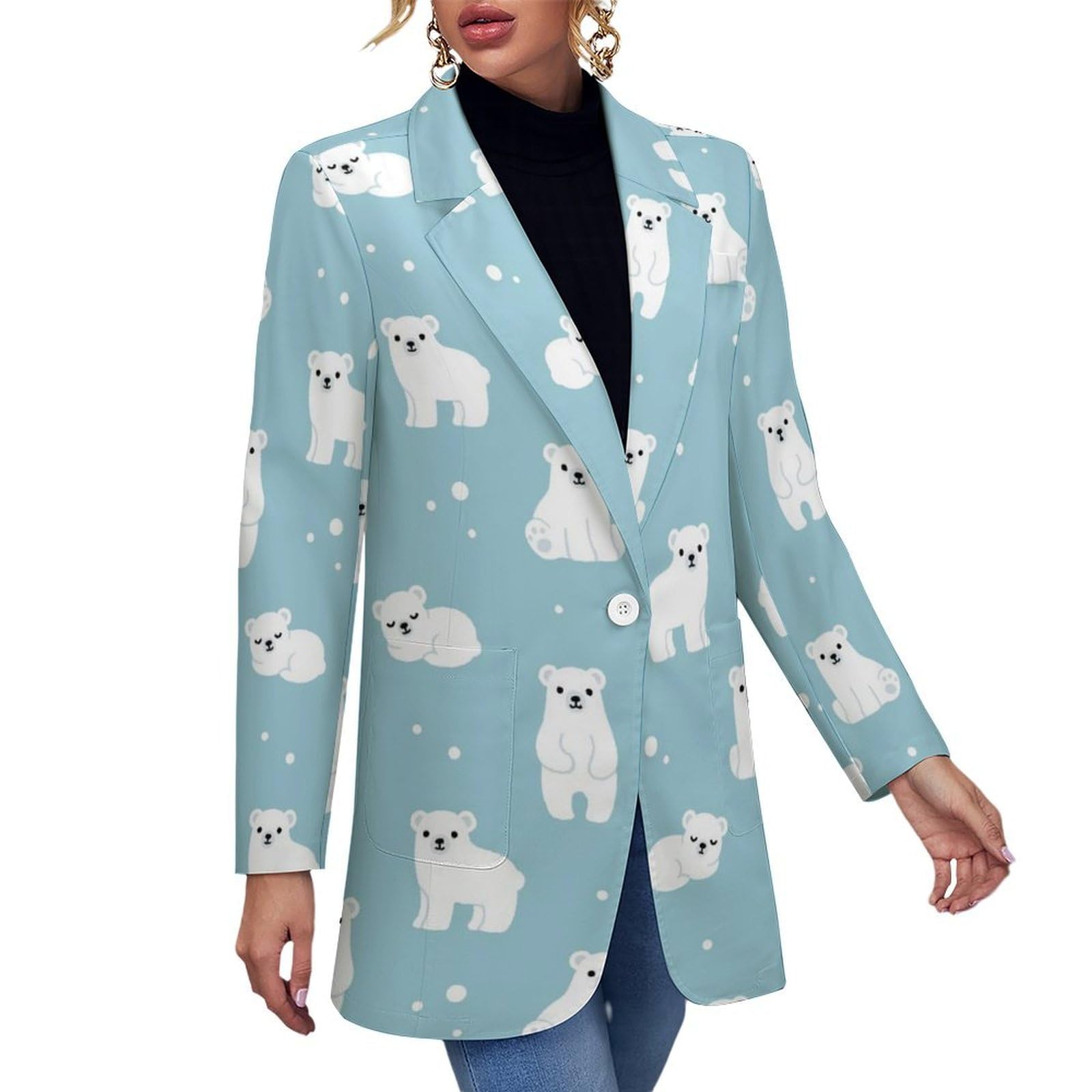 Cartoon Polar Bear Cub Womens Casual Printed Blazer Cardigan Long Sleeve Jacket Blazer