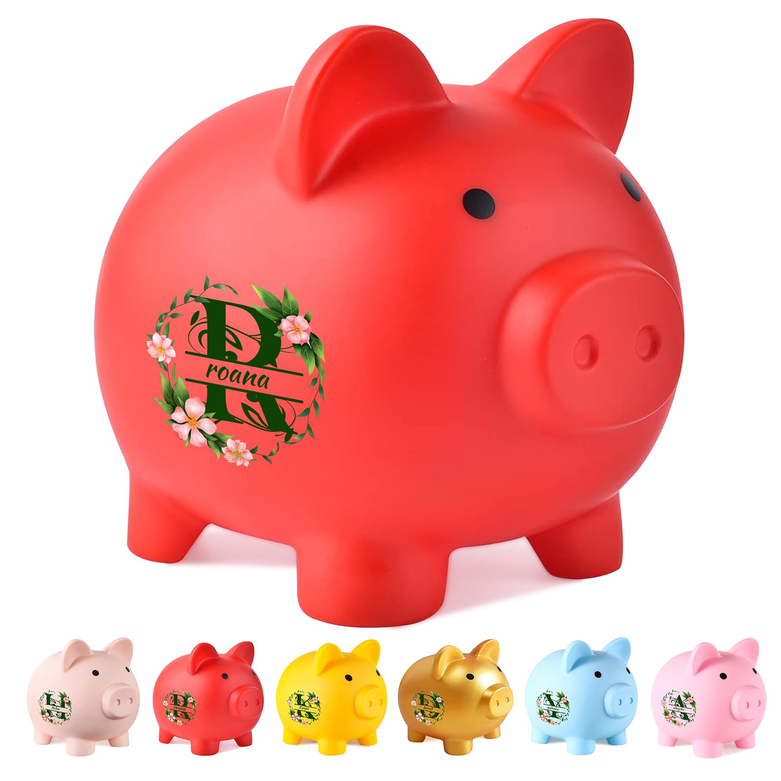Personalized Name Piggy Bank, Cute Piggy Shape Small Piggy Bank for Children,Silicone Unbreakable,Colorful Wreath Letter Design
