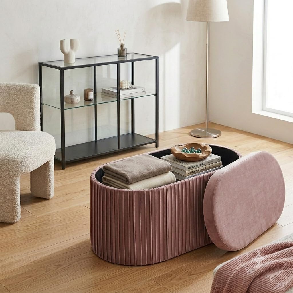 Storage Ottoman Bench with Hidden Storage, Foldable Velvet Upholstered Ottoman Bench Seat, End of Bed Bench for Bedroom, Living Room, Entryway, Foot Rest, Easy Assembly (Flamingo Pink, Oval)