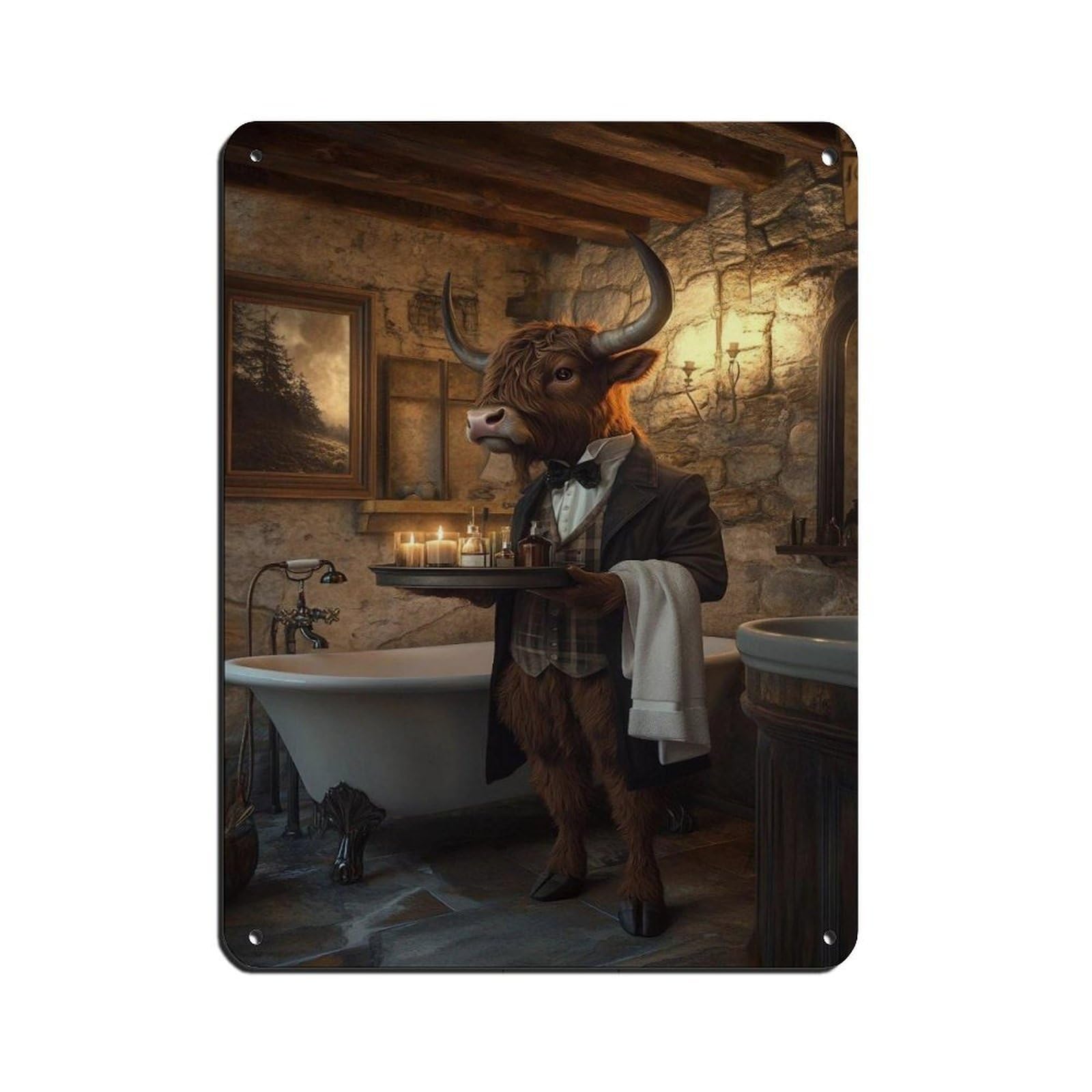 Highland Cow Butler, Whimsical Animal Art Tin Sign Vintage Metal Pub Club Cafe Bar Home Wall Art Decoration Poster Retro 12x16inch(30x40cm)