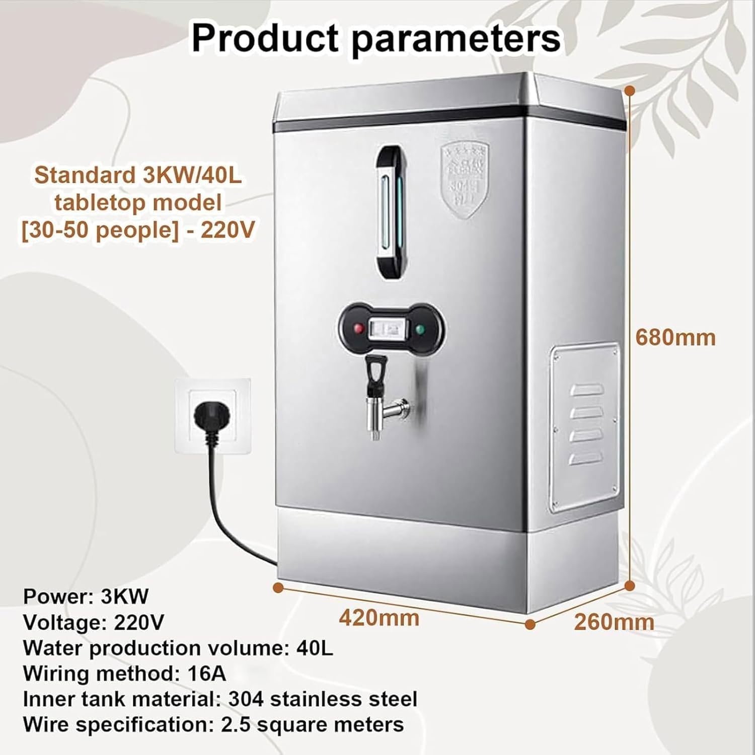 Komercyjny kocioł na wodę 40 l, 3000 W, natychmiastowy dozownik ciepłej wody, podwójna filtracja, stal nierdzewna, automatyczne uzupełnianie, ochrona przed poparzeniem suchym, do kawiarni, biura, domu