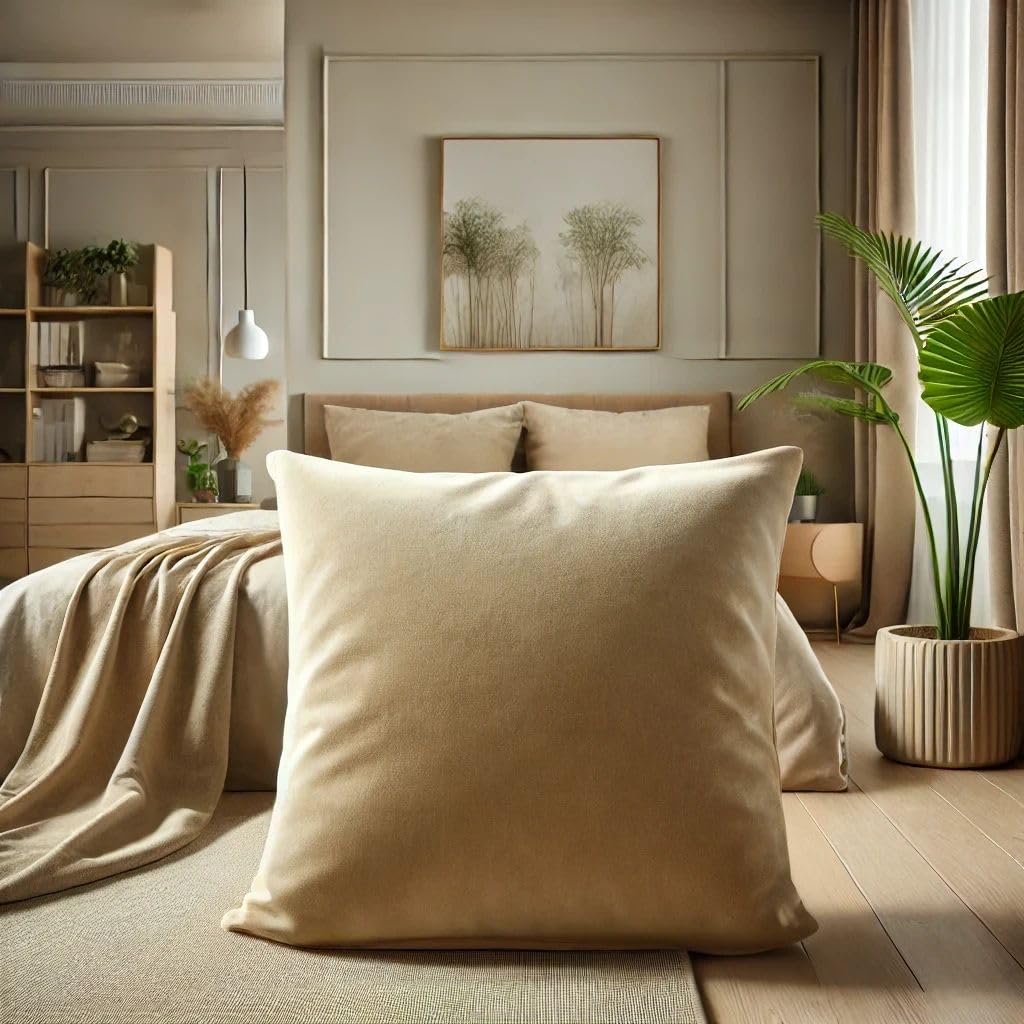 MARAGARBE Big Size 32x32 Inches Throw Pillow Cases Cozy Soft Velvet Square Decorative Pillow Covers for Farmhouse Home Décor(Beige)