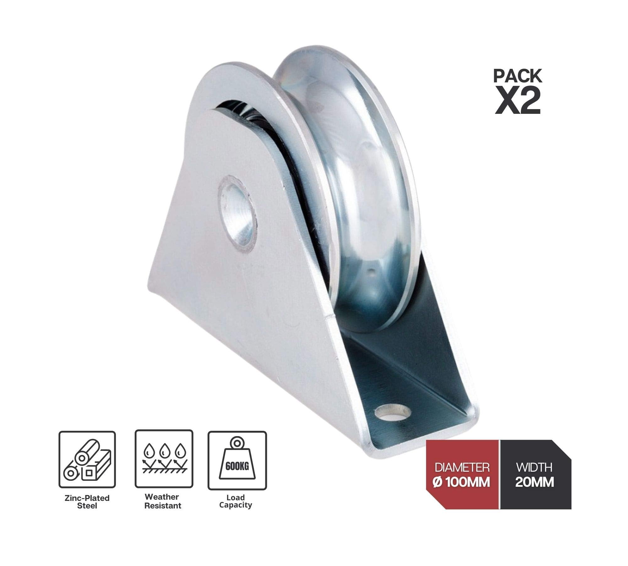 DOJA Industrial | Rueda Sobreponer | Tamaño: 100 x 20 | 2 Unidades | Ruedas para Puertas Correderas | Rodillo en forma U | Uso: Garaje, Porton, Casa, Puertas Metalicas Exterior